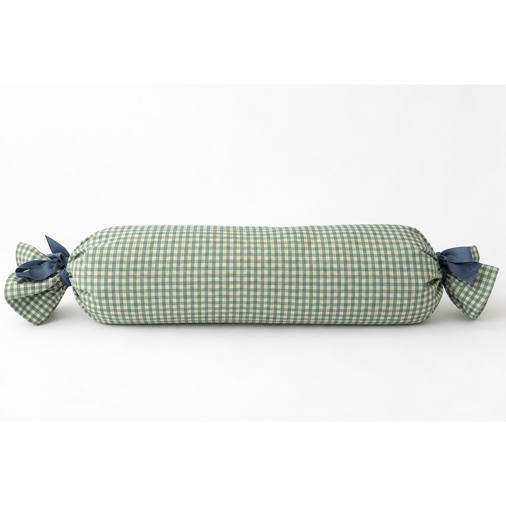 Cottagecore Gingham Bolster Pillow 32" Sage Green Blue Cream Tie Ends